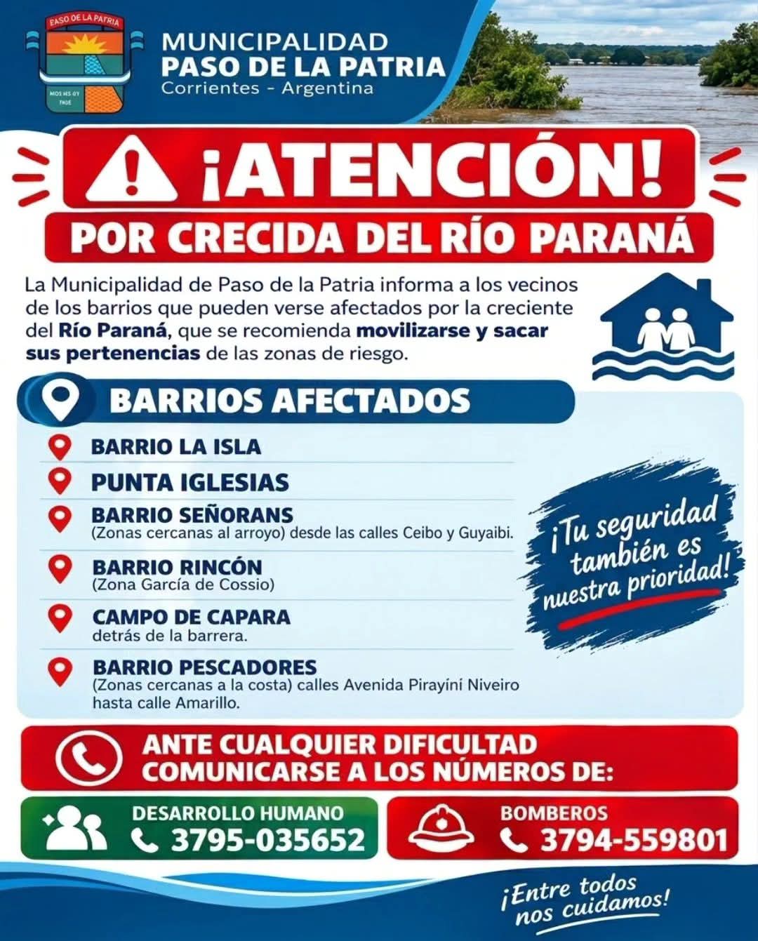 Crecida del río Paraná: Paso de la Patria advierte sobre las zonas de riesgo y solicita a los vecinos tomar precauciones